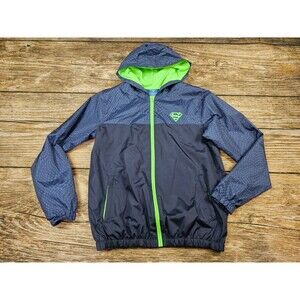 Superman DC Men M Hooded Windbreaker Rain Jacket Navy Blue Neon Green EUC